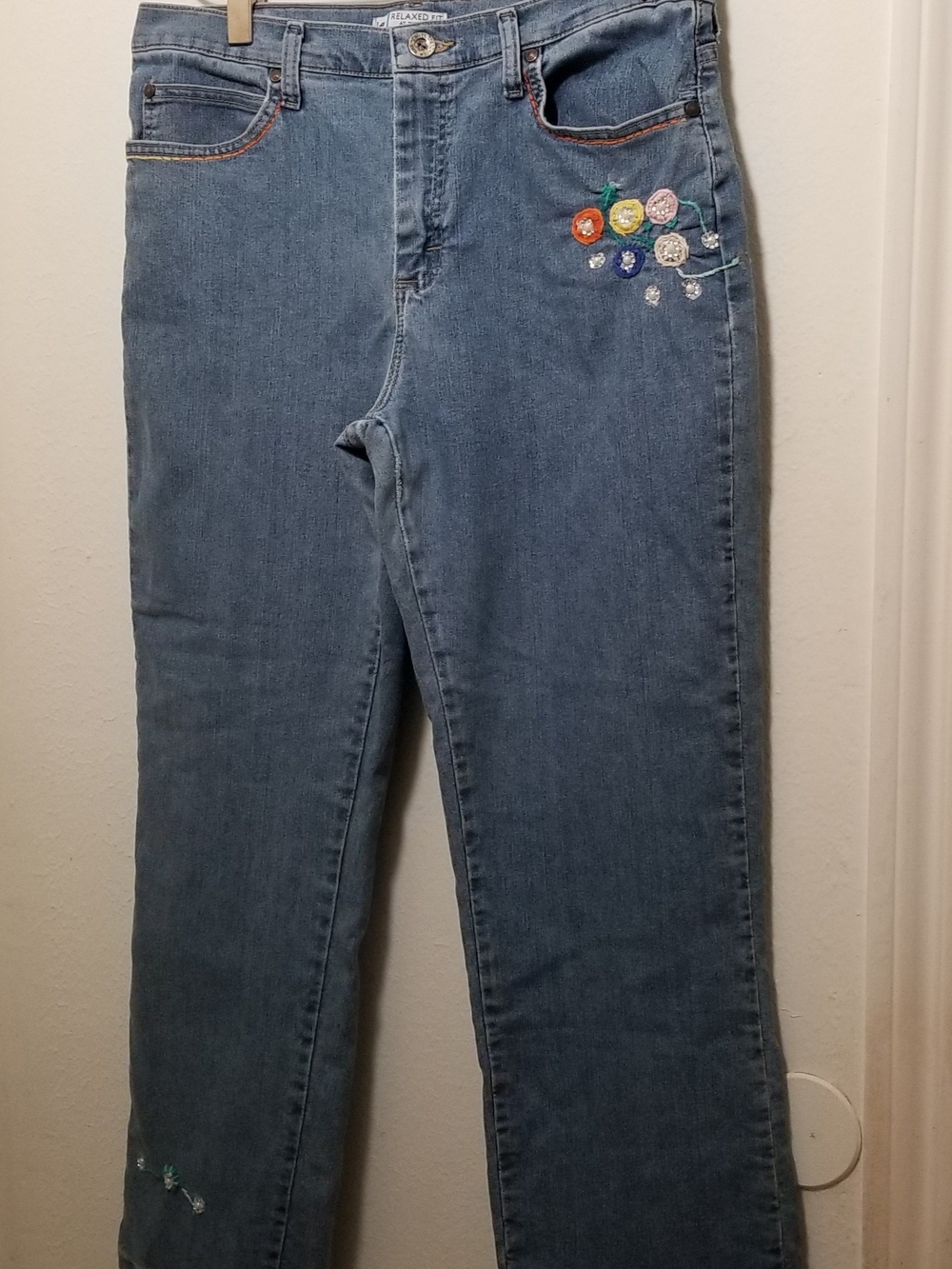 Lee Size 14 Modified Blue Straight Leg Jeans with Multicolor Floral Embroidery
